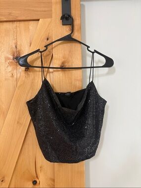 Black Sequin Cowl Neck Crop